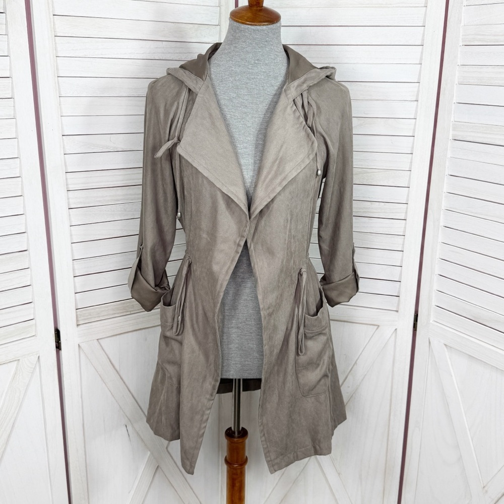 Be Cool Utility Jacket Women Small Taupe‎ Tan Microfiber Cinch Waist Hooded Open